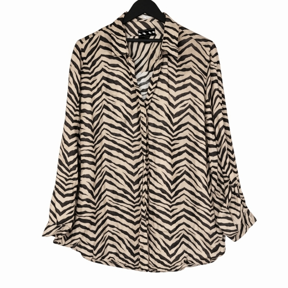Tahari Linen Brown and Cream Zebra Striped Button Down Blouse plus Sz 3X